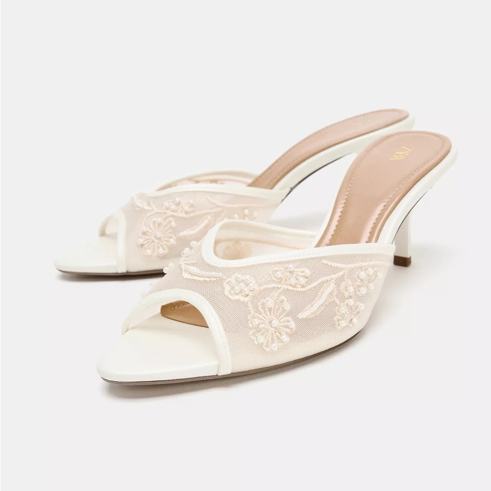 Zara Mesh Pearl Embroidered Heels *worn once*